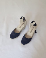 alpargatas con cuña alta y cintas en piel serraje azul marino hechas a mano