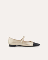 bailarinas mary jane en piel bicolor negra y dorada