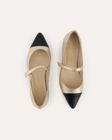 bailarinas mary jane en piel bicolor negra y dorada