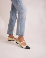 bailarinas mary jane en piel bicolor negra y dorada