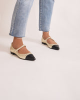 bailarinas mary jane en piel bicolor negra y dorada