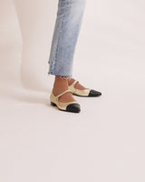 bailarinas mary jane en piel bicolor negra y dorada