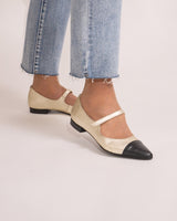 bailarinas mary jane en piel bicolor negra y dorada