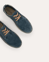 alpargatas cassani de hombre tipo bluchers en piel serraje azul vaquero con cordones y yute ecológico fabricadas a mano en España