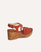 sandalias con cuña y plataforma en piel serraje teja. Cassani Made in Spain