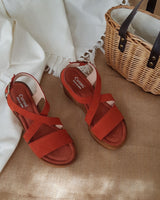 sandalias con cuña y plataforma en piel serraje teja. Cassani Made in Spain