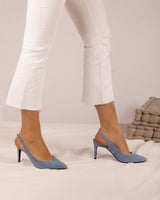 zapatos de salón de tacón alto fino. Stilettos en ante color tejano fabricados en España