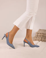 zapatos de salón de tacón alto fino. Stilettos en ante color tejano fabricados en España