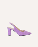 zapatos de salón de tacón alto ancho. Stilettos en ante color lavanda fabricados en España
