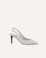 zapatos de salón de tacón alto fino. Stilettos en ante color perla fabricados en España