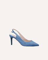 zapatos de salón de tacón alto fino. Stilettos en ante color tejano fabricados en España