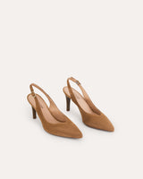 Stilettos destalonados en piel camel. La altura perfecta para cualquier evento