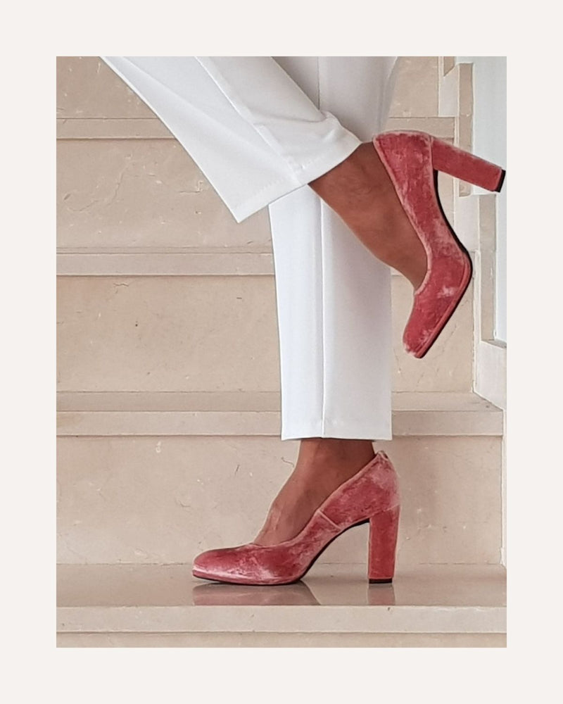 Rosa Palo Zapatos Terciopelo Tacon Ancho Tacon Plateadas Sandalias